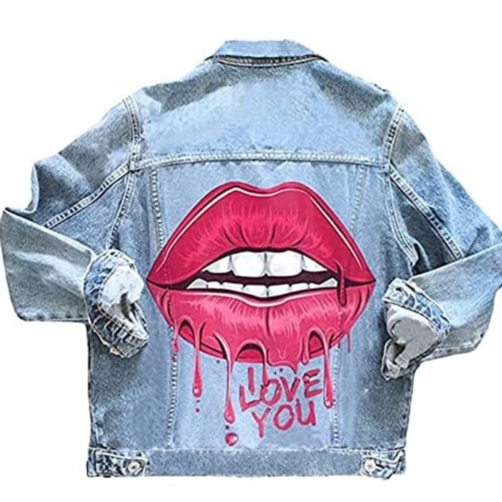 Denim Jacket with I Love You Quote Graphic Size XL